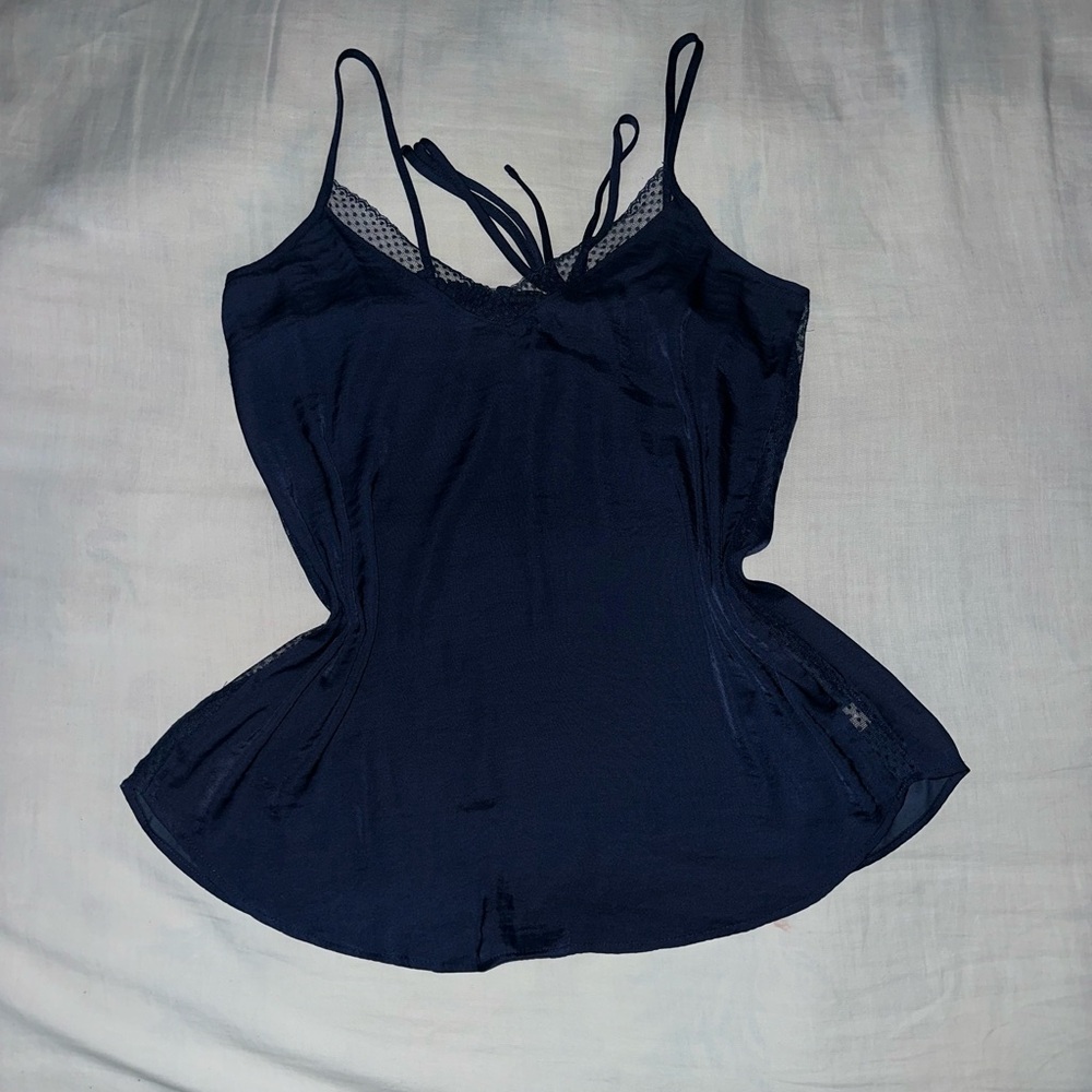 Aerie’s Elegant Navy Blue Camisole w/ polka dot lace trim sides